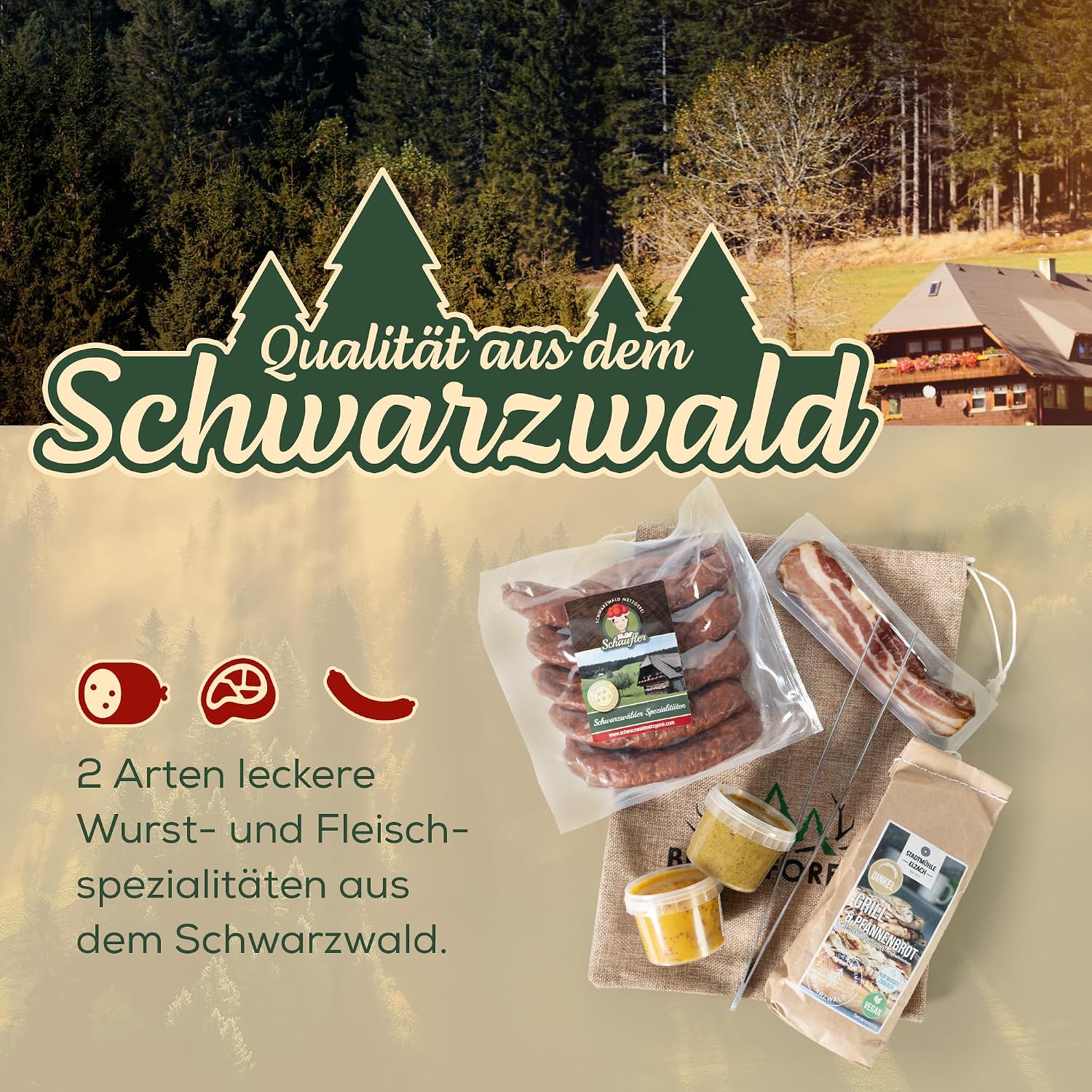 Grill Gift Set 7 Pieces in Jute Bag - Black Forest Specialities with Barbecue Tongs, Bacon, Farmer Sausages, Dips & Bread Baking Mix - Gift for Men & Grill Fans – Bild 5