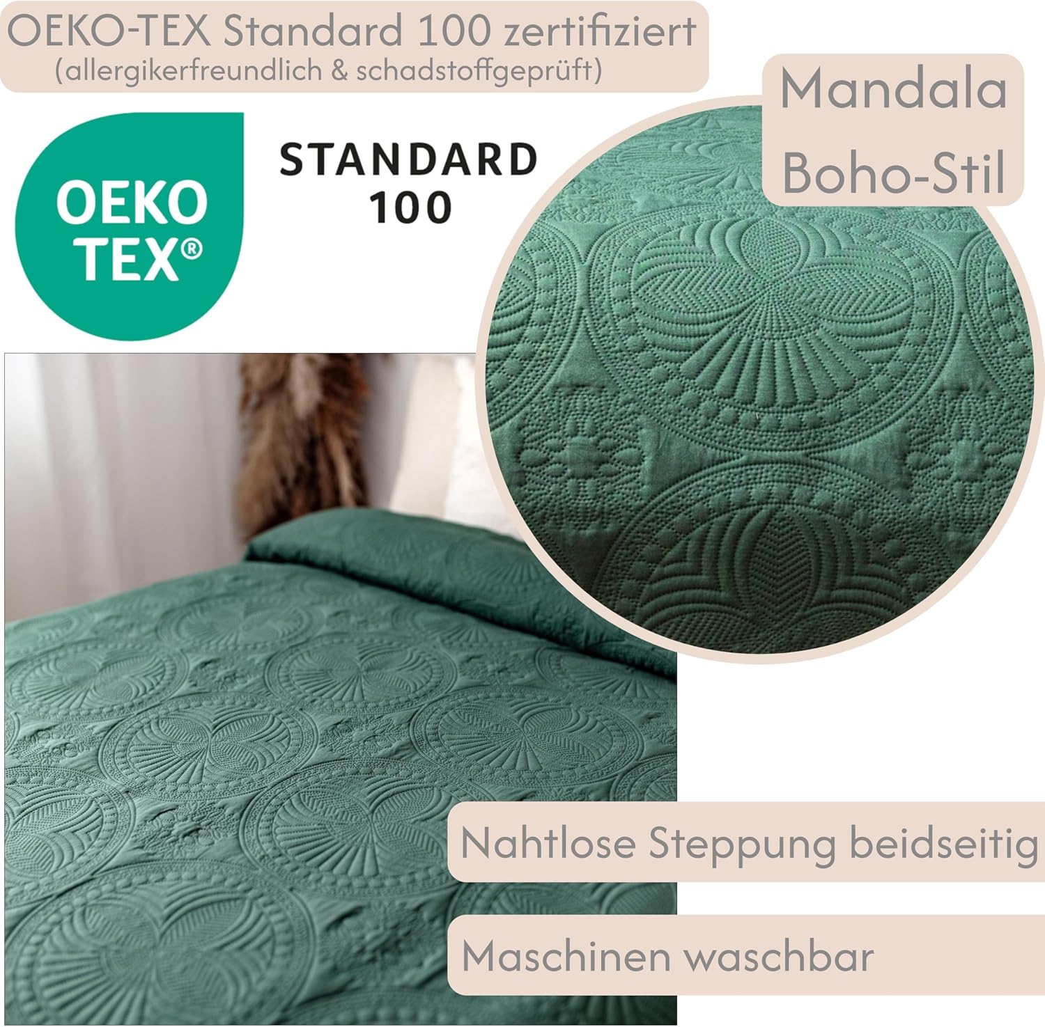 Bedspread 170 x 220 cm Bed Throw Bedspreads - Throw Mandala Sofa Throw Quilt Sofa Blanket Bed Throw Blanket Day Blankets Bed Cover XXL Blanket Quilted (Dark Green) – Bild 3