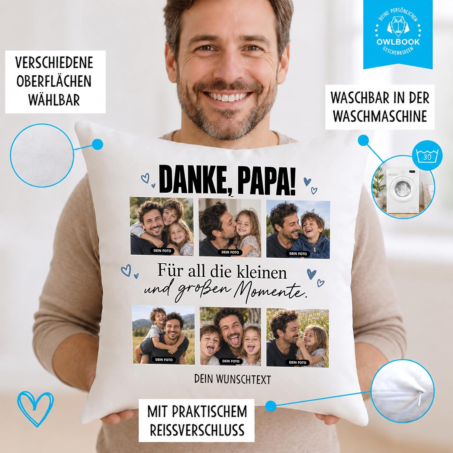 OWLBOOK® Photo Cushion for Dad with 6 Photos Design Yourself Birthday Dad – Bild 4