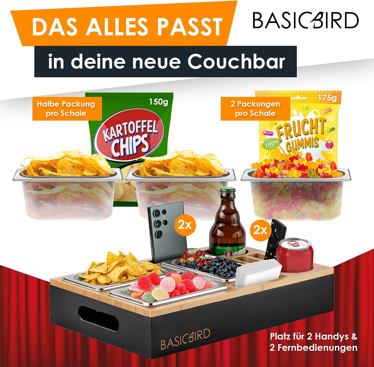 BASICBIRD® Couch Bar Snack Box - Organiser Tray - Snack Dispenser with 3 x Snack Bowls - Wooden Sofa Tray for Sofa, Decoration, Couch Bar with Drink Holder and Compartments - Motorhome Equipment – Bild 3