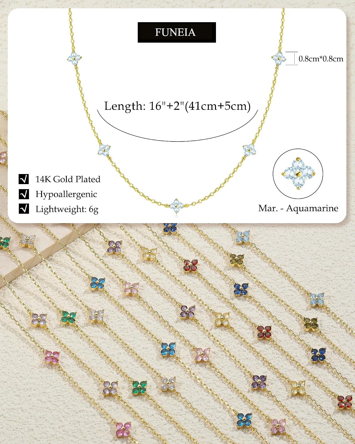 FUNEIA Women's Gold Necklace 18 Carat Gold-Plated with Birthstone Pendant Waterproof Gold Chain with Clover Leaf Adjustable Golden Chain for Girlfriend Women Girls Gold Jewellery Birthday Gift – Bild 5