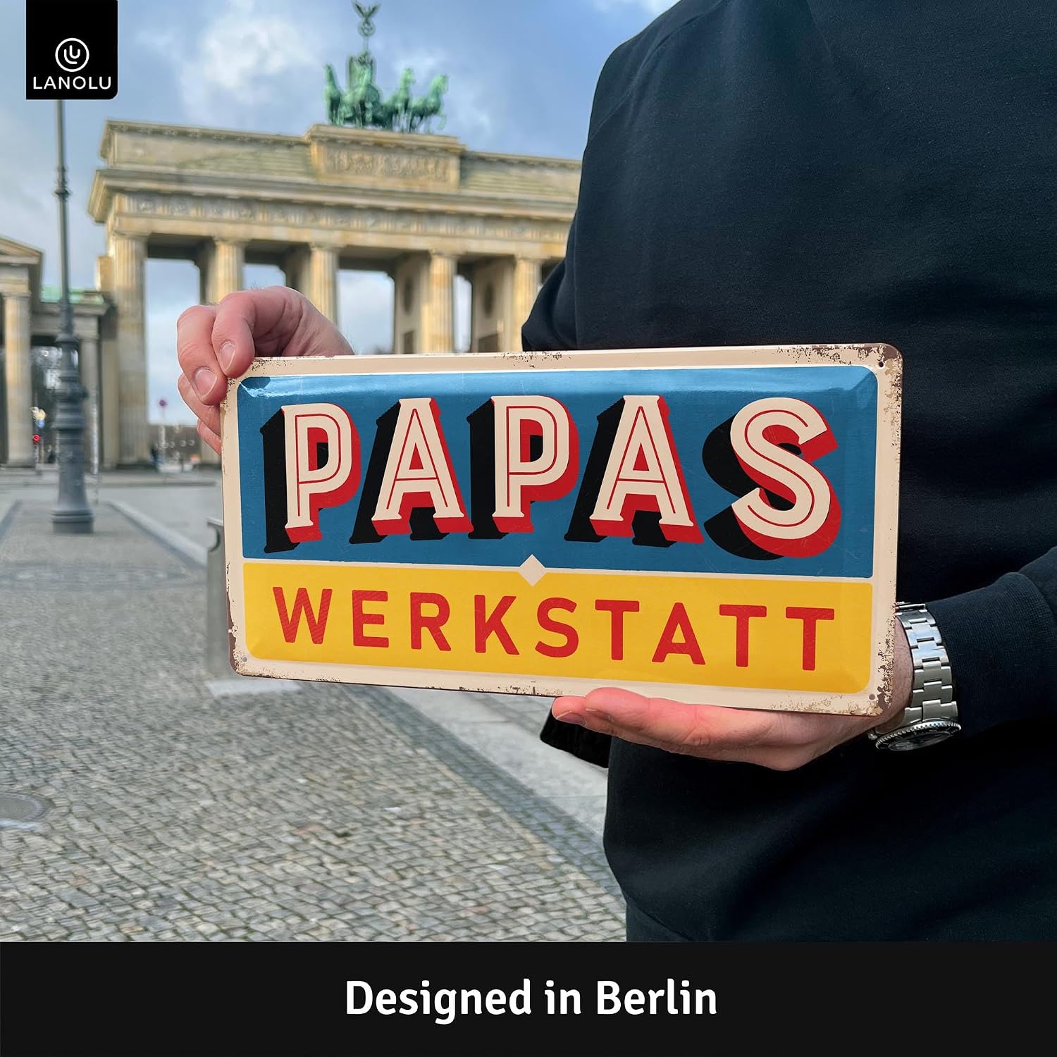LANOLU Tin Sign Papas Workshop - Sign Papas Service - Birthday Gift or Father's Day Gift Sign for Dad - Funny Retro Decoration with Saying 17 x 34 cm – Bild 5