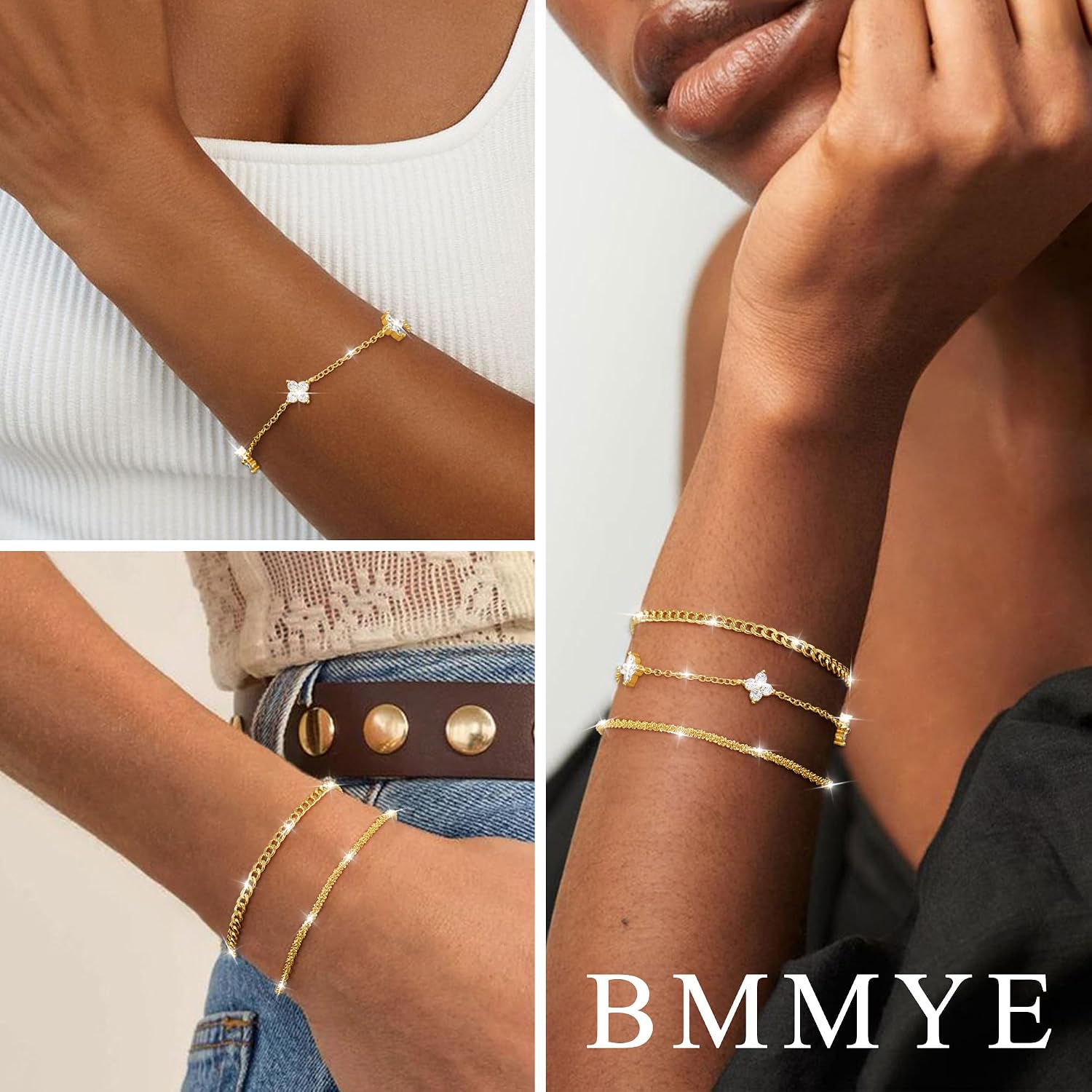 BMMYE Set of 3 Women's Bracelets, 925 Sterling Silver, Hypoallergenic, Adjustable, 14K Gold Plated with Cubic Zirconia Bracelets Set, Birthday Jewellery Gift for Women – Bild 6