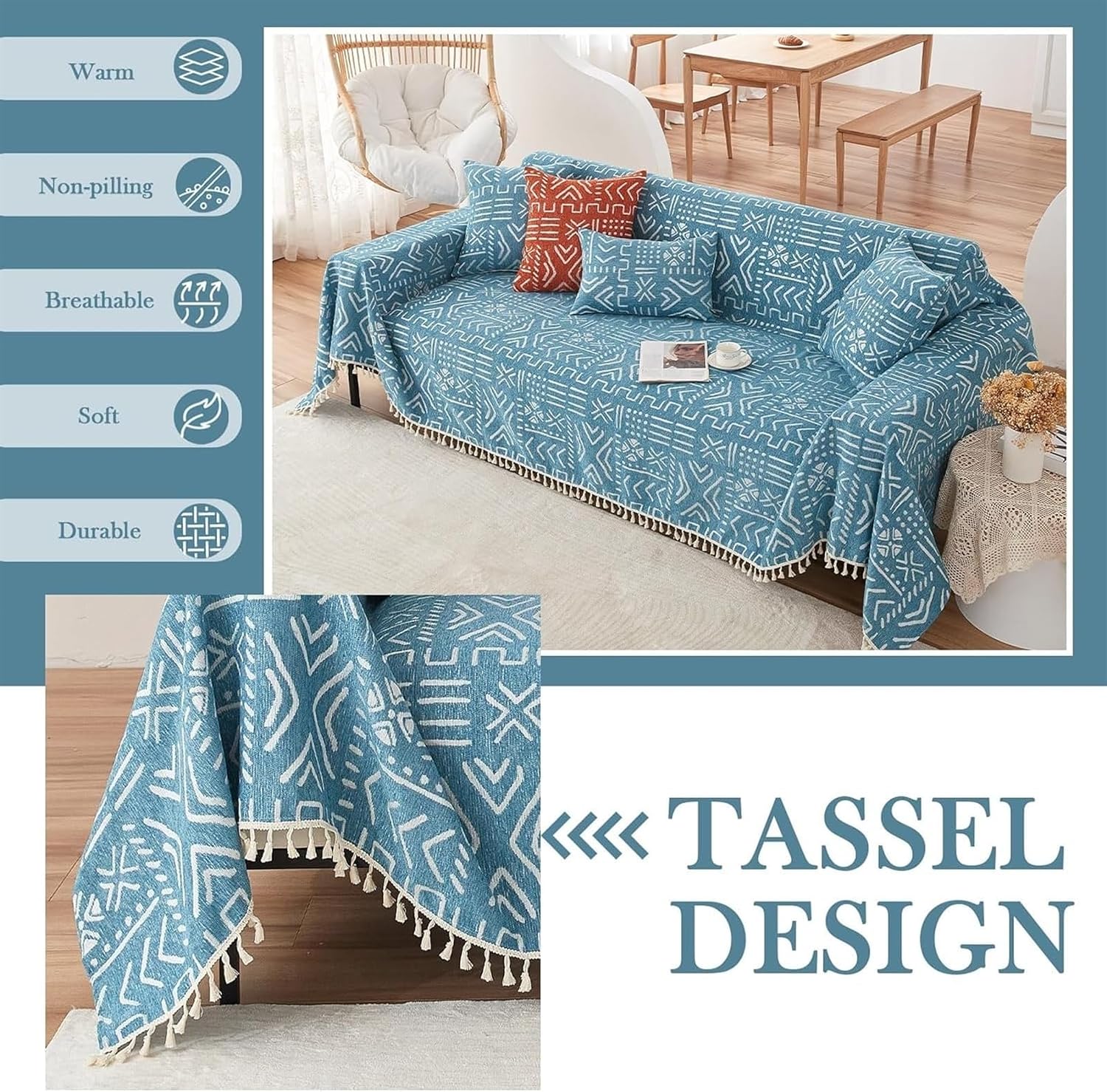 Couch Throw, Sofa Cover 1/2/3/4 Seater, Sofa Throw Blanket, Couch Throws, Sofa Cover, Sofa Throws, Sofa Cover, Throw, Sofa Blanket (Blue, 180 x 340 cm) – Bild 6