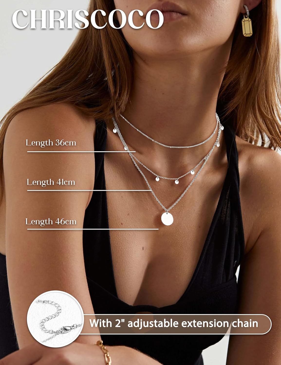 Chriscoco Women's Layering Necklace Gold / Silver 14 K Gold-Plated Stainless Steel Chain with Coin / Heart Pendant Waterproof Adjustable Gold Chain Silver Chain Pack of 3 – Bild 5