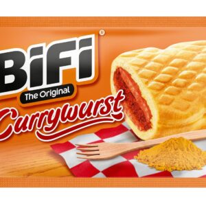 BiFi Currywurst – Pack of 8 (8 x 60 g) – Salami Sausage Snack with Curry Sauce in a Loose Dough – Sausage in Wheat Bun To Go – for On the Go, in the Office or during Sports – Ham Sausage