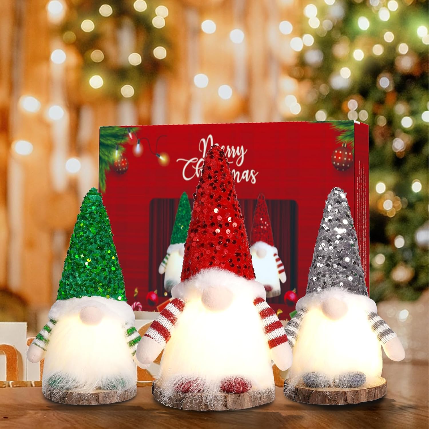 Christmas Decoration Gnome with Light, Pack of 3 - LED Christmas Gnome Figures Made of Plush - Luminous Decorative Gnome with Gift Box Set – Bild 7