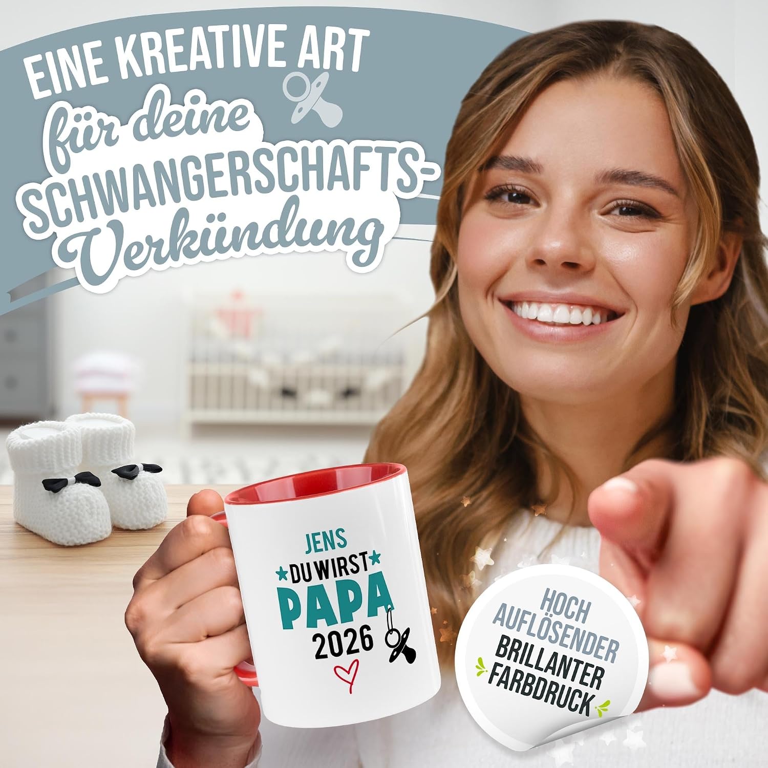 Tassendruck Baby-News Tasse mit Name & Jahr selbst gestalten - Du wirst Papa - Personalisiertes Geschenk zur Schwangerschaft für werdenden Vater - Keramiktasse, 300 ml, Innen & Henkel Rot – Bild 2