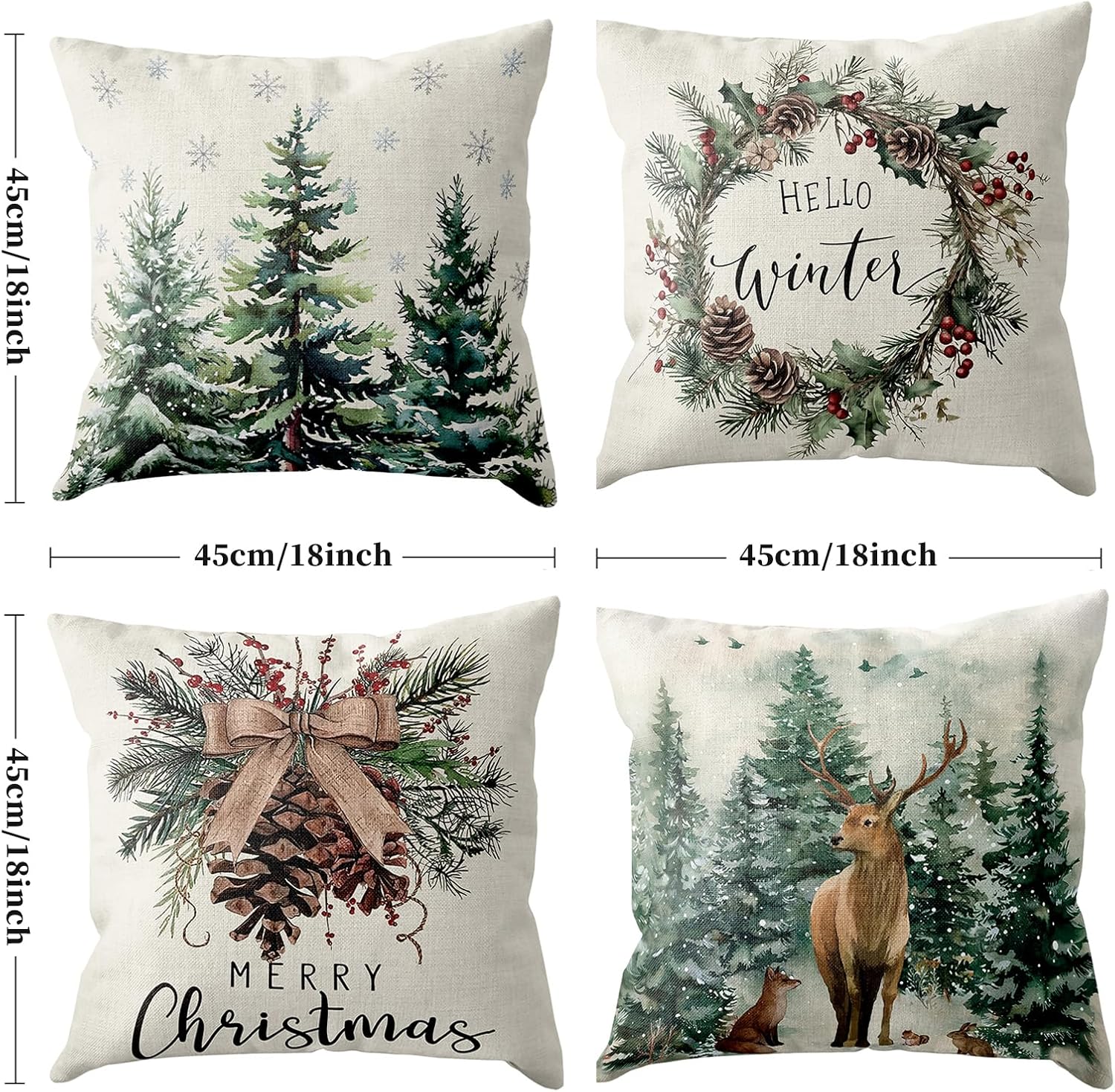 Christmas Cushion Cover, 45 x 45 cm, Set of 4, Linen Christmas Cushion Christmas Decoration with Reindeer, Christmas Decorations, Indoor Christmas Decoration for Sofa, Couch, Bedroom, Living Room, Winter Decoration – Bild 2