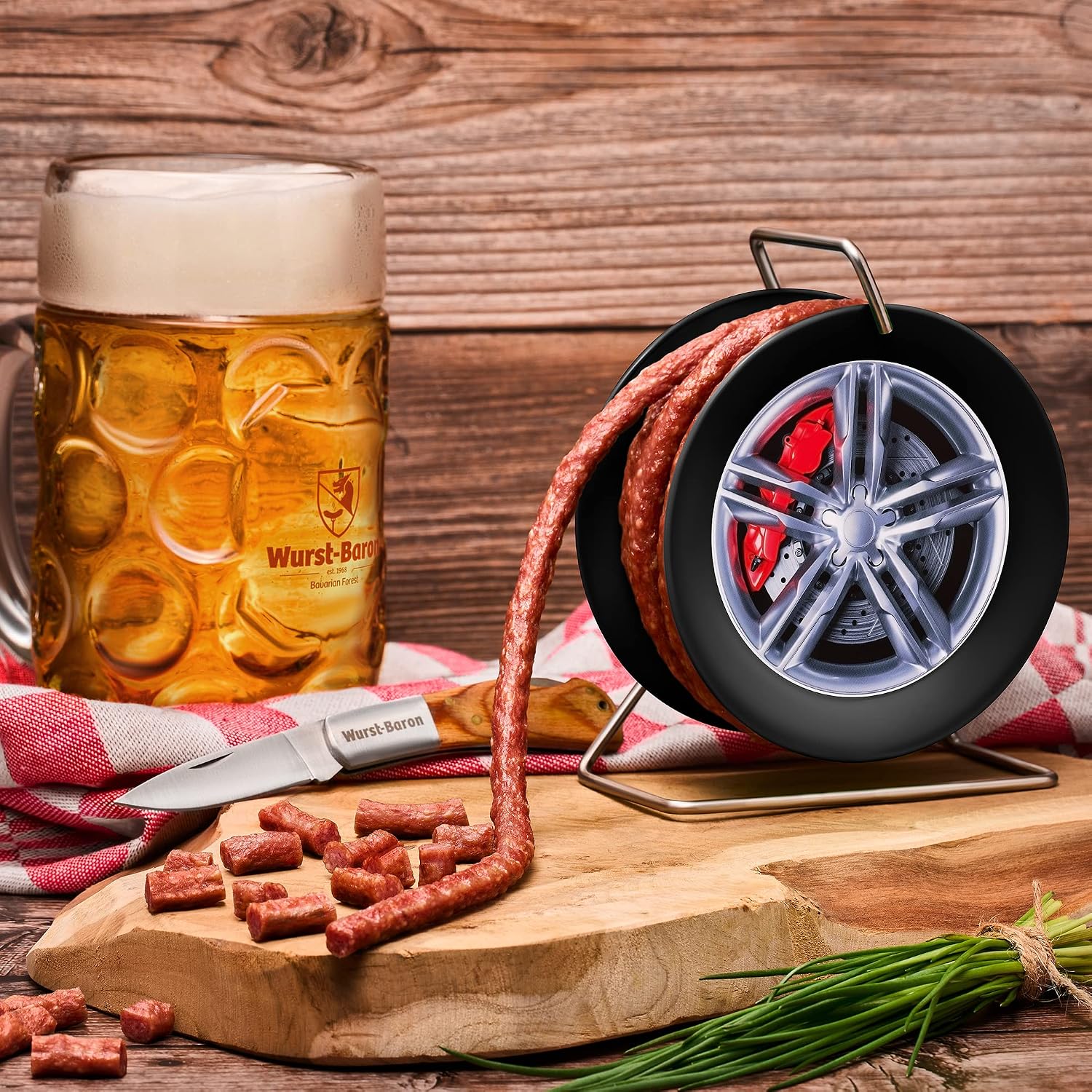 Wurstbaron Sausage Dartboard Dartboard - 3.5 m Snack Salami Cracow Style on a Mini Roll Drum Black, 240 g & Sausage Rim Cable Drum on Rim Sausage, 240 g – Bild 7