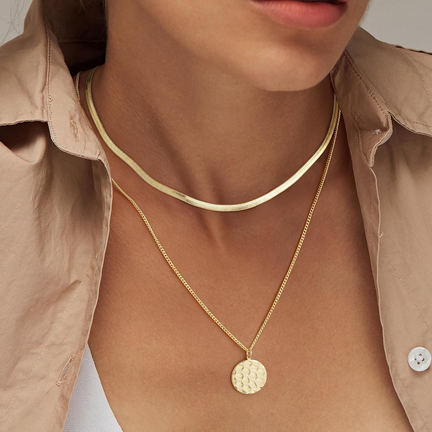 Turandoss Women's Gold Chain, 14 K Gold-Plated Layering Necklace, Women's Chain with Coin Beads Pendant, Snake Chain, Figaro Stackable Necklace Set, Birthday Gift for Girls, Women, Pack of 3 – Bild 4