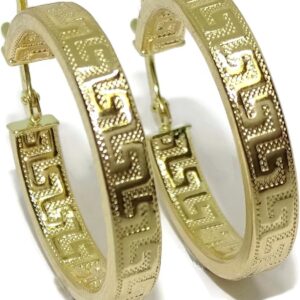 18k Yellow Gold Greek Pattern Square Tube Hoop Earrings 4mm and 2.2cm OD Easy Click Back 2.00g Gold