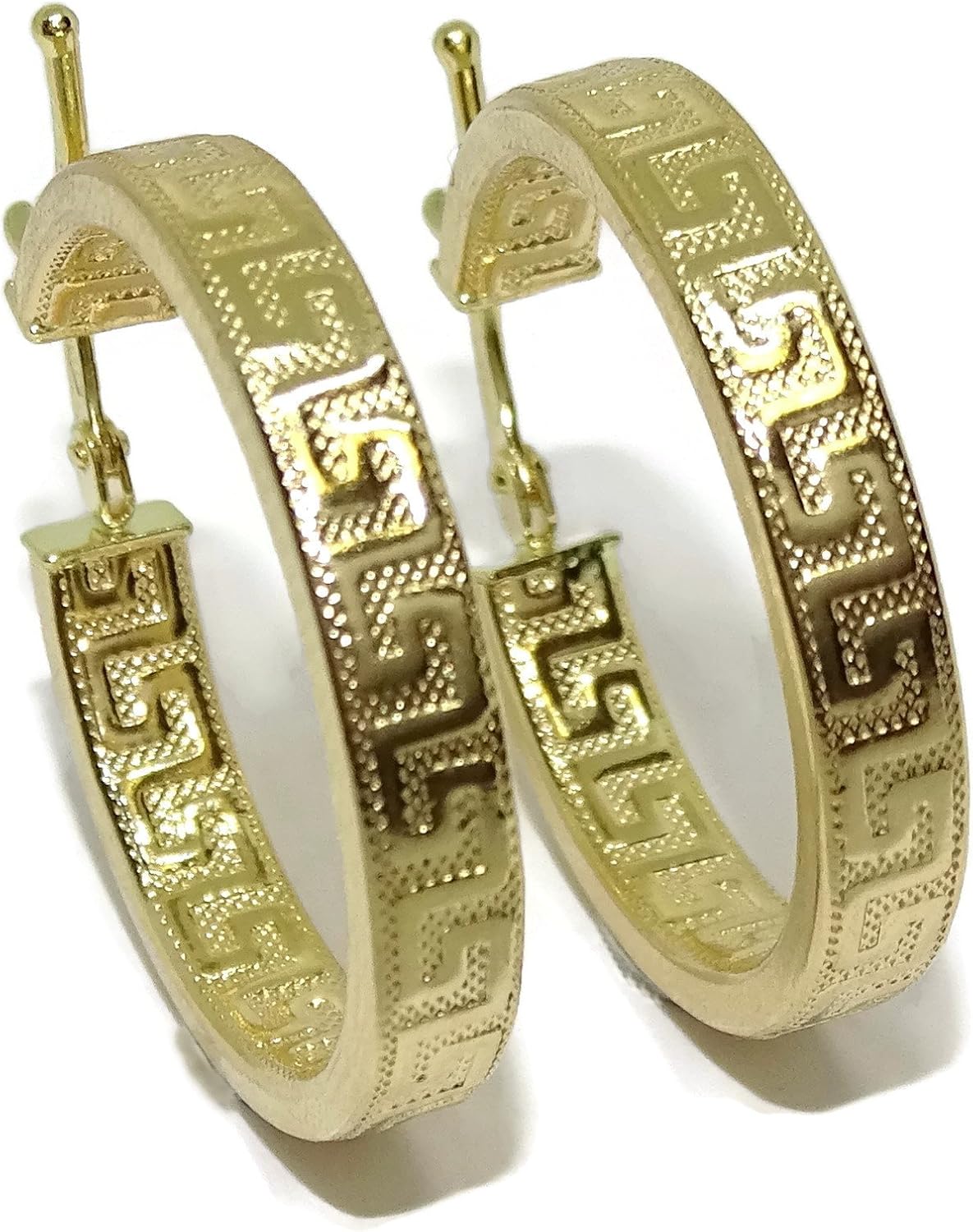 18k Yellow Gold Greek Pattern Square Tube Hoop Earrings 4mm and 2.2cm OD Easy Click Back 2.00g Gold