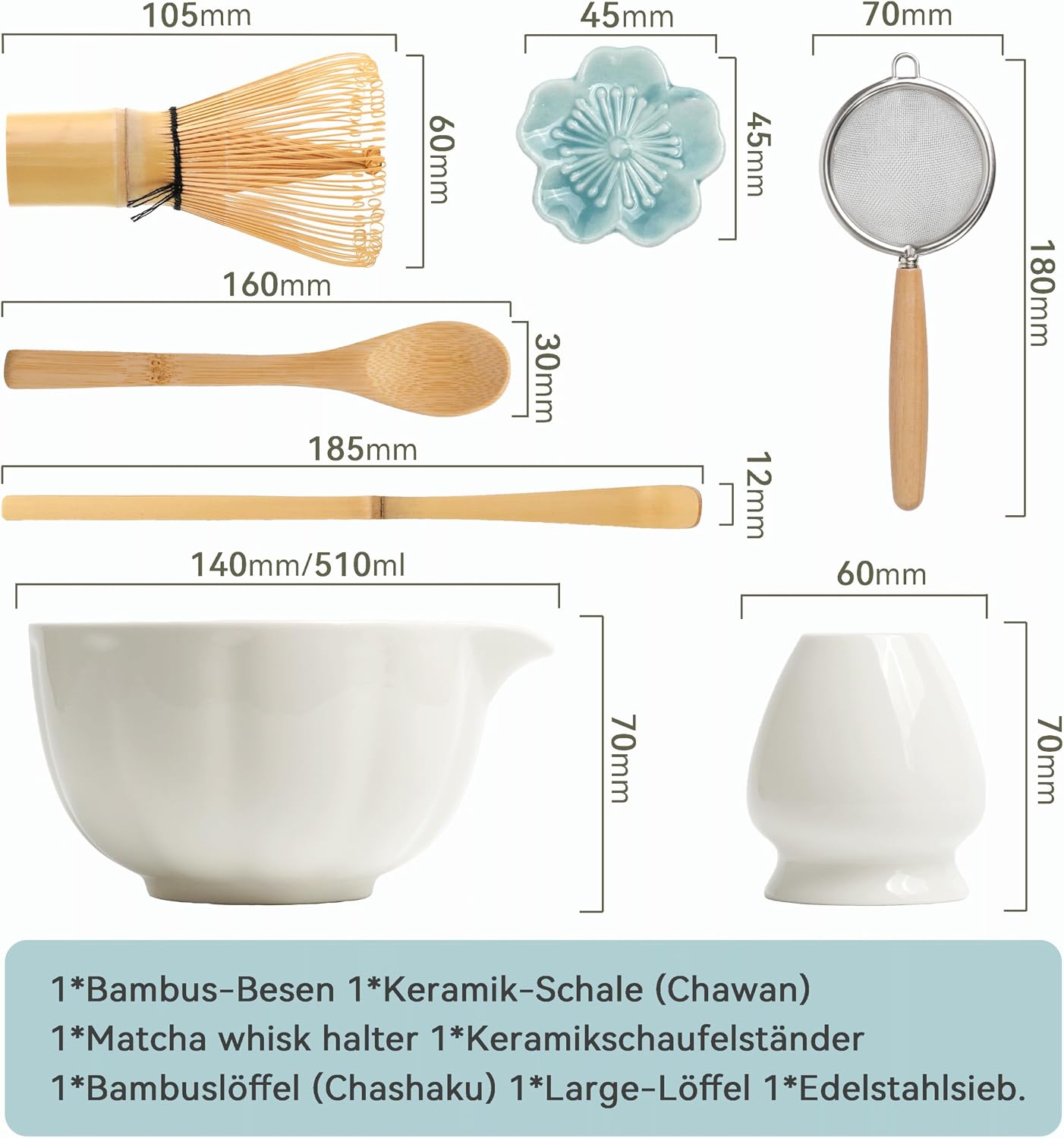 Premium Matcha Set 7-Piece - Exclusive Tea Ceremony Set with Bamboo Chases (Broom), White Ceramic Bowl, Spoon & Accessories, Original Gift for Matcha – Bild 6