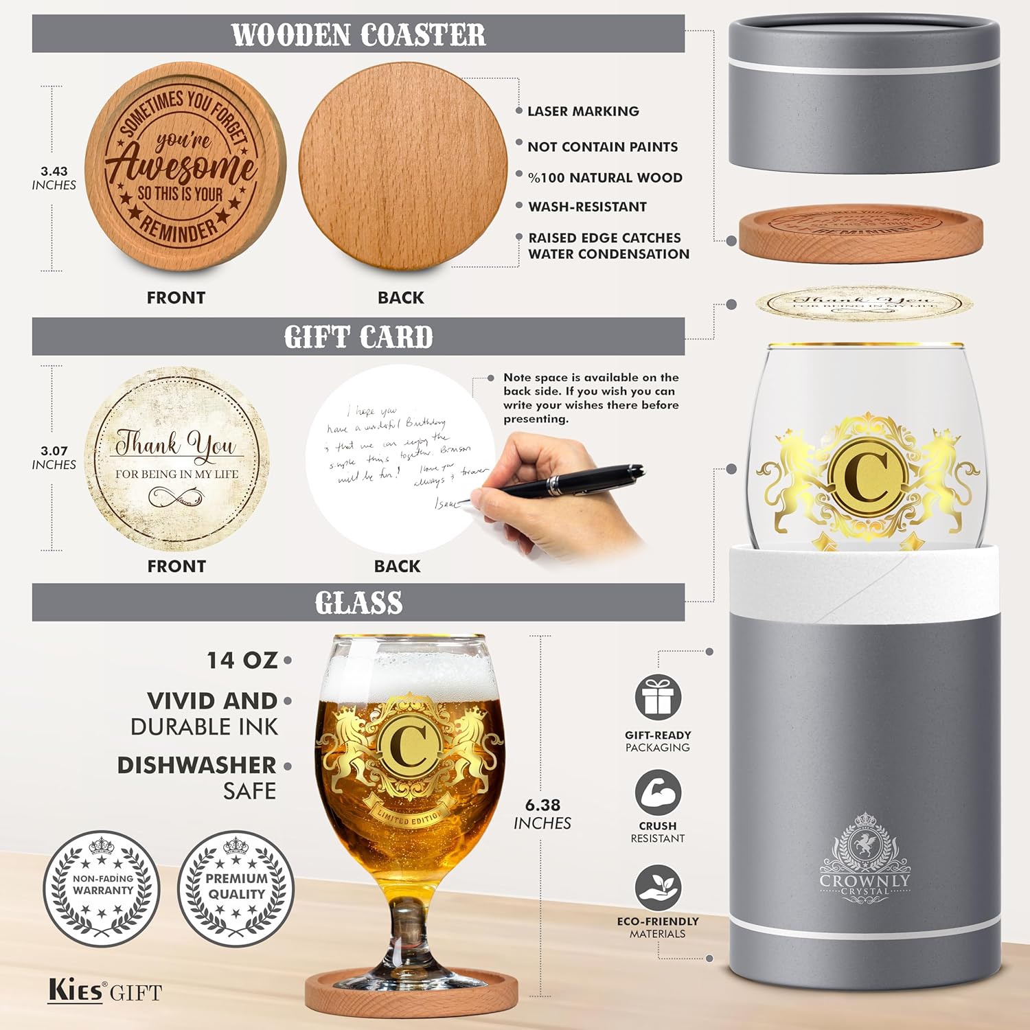 CROWNLY CRYSTAL® Personalised Beer Glass with Engraving - Advent Calendar for Men, Gift for Dad, Grandpa - Birthday Beer Gift (C) – Bild 3