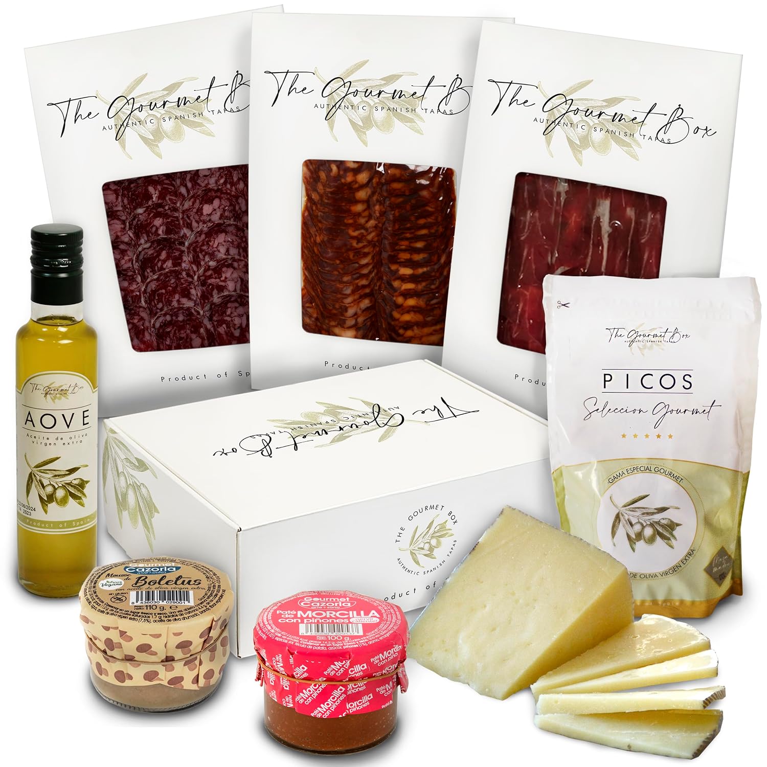 Gourmet Box: Gourmet Gift Basket; Iberian Ham, Iberian Salchichon and Chorizo, 100% Sheep Cheese, Porcini and Morcilla Pates, Artisan Picos and Gourmet Oil