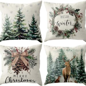 Christmas Cushion Cover, 45 x 45 cm, Set of 4, Linen Christmas Cushion Christmas Decoration with Reindeer, Christmas Decorations, Indoor Christmas Decoration for Sofa, Couch, Bedroom, Living Room, Winter Decoration