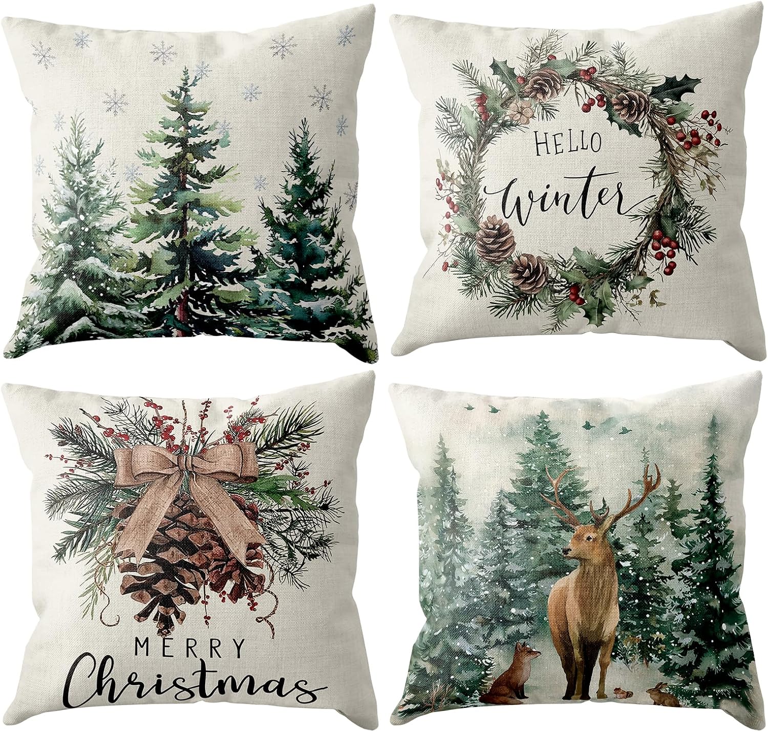 Christmas Cushion Cover, 45 x 45 cm, Set of 4, Linen Christmas Cushion Christmas Decoration with Reindeer, Christmas Decorations, Indoor Christmas Decoration for Sofa, Couch, Bedroom, Living Room, Winter Decoration