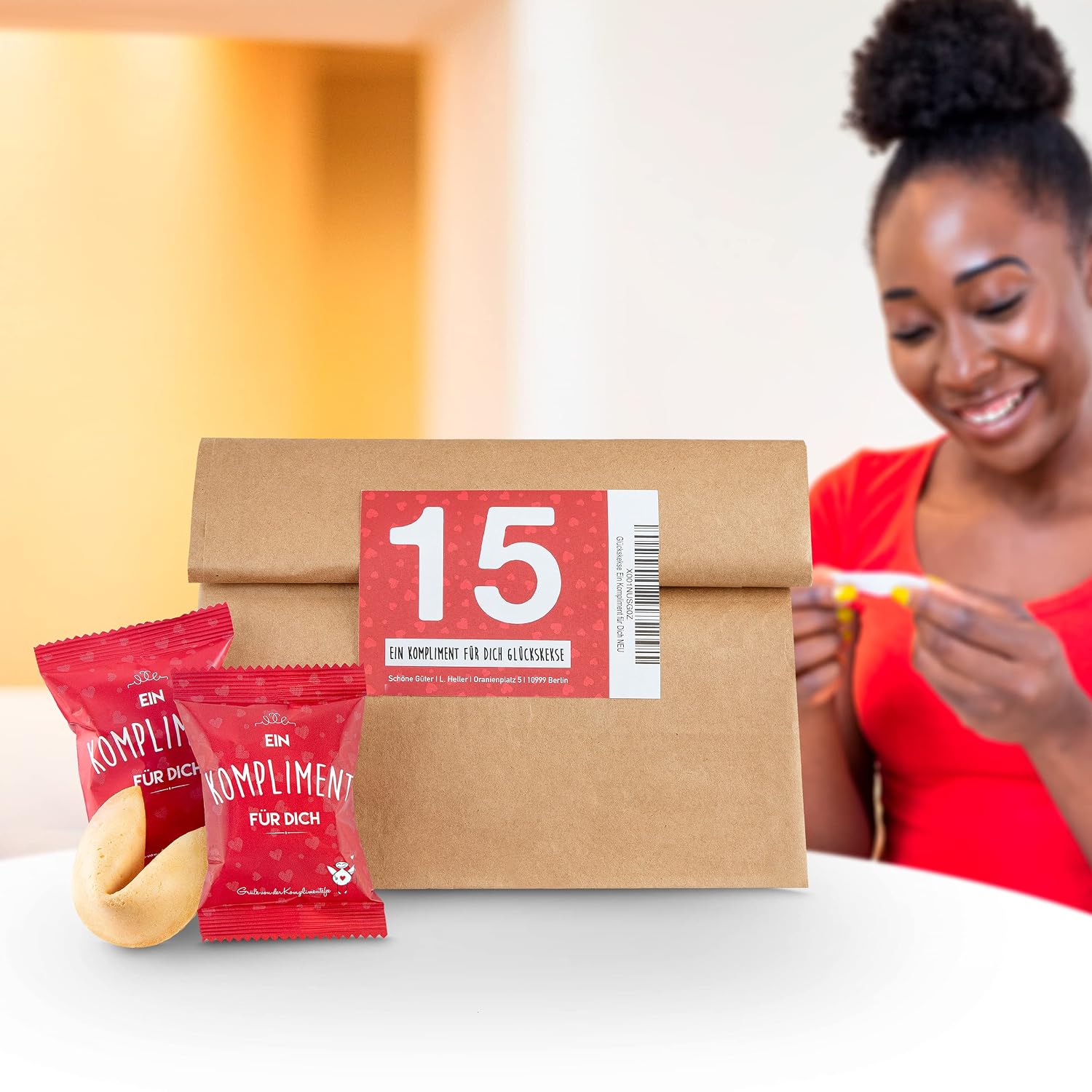 Glückskekse Ein Kompliment für Dich Pack of 15 Lucky Biscuits Compliment Gift Mother's Day, Thank You, Gift Office, Schön dass Du da bist, Advent Calendar Filling, Freshly Baked, Vegan & Made in Germany – Bild 6