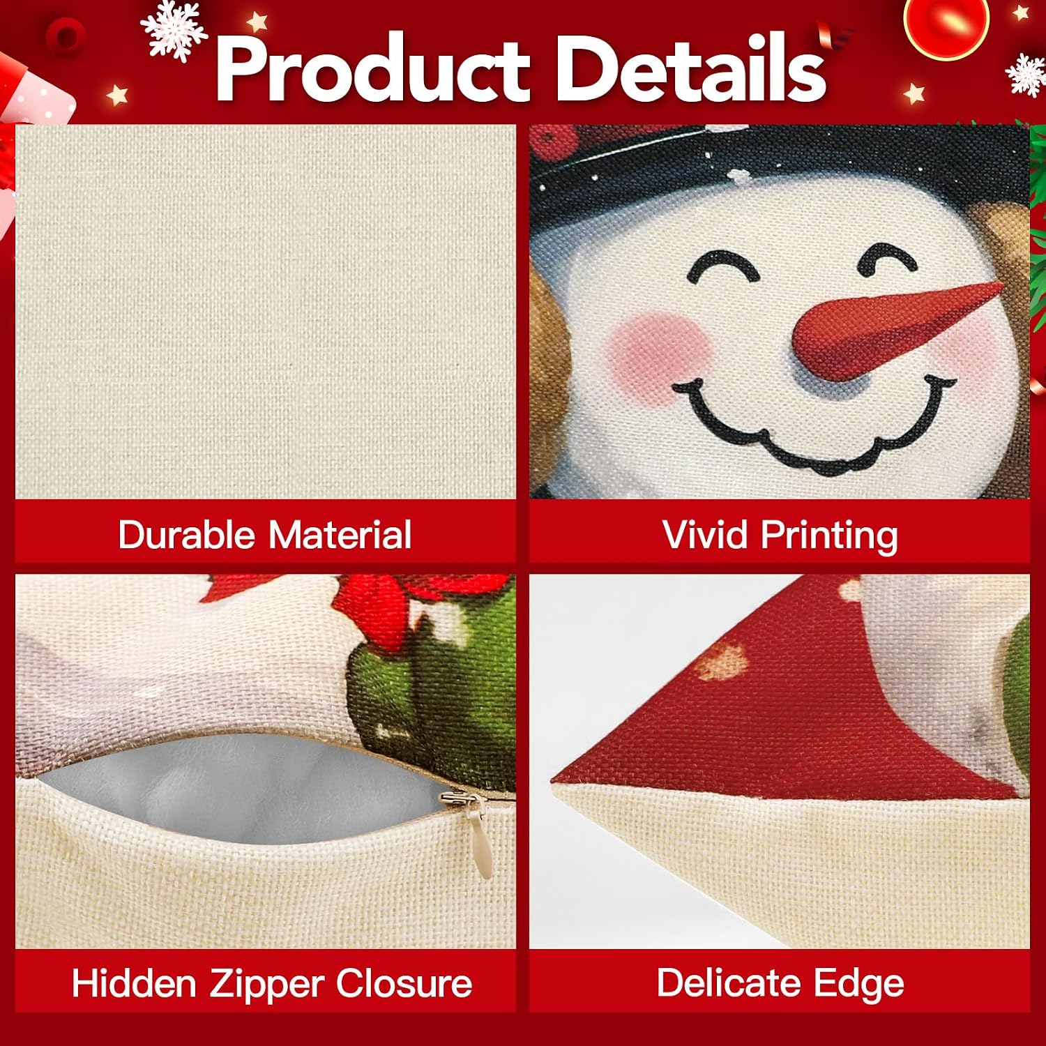 Christmas Cushion Cover, 45 x 45 cm, without Cushion Filling, Set of 4, Linen Look, Square Christmas Cushion Covers with Zip for Sofa, Living Room, Christmas Decorations (Multi-Colour) – Bild 4