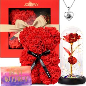 Rose Bear Gifts Mother’s Day Birthday for Mother, Eternal Rose in Glass with LED Light for Women Wife Daughter Girlfriend Valentine’s Day Anniversary Marriage Proposals Gift with Greeting Card