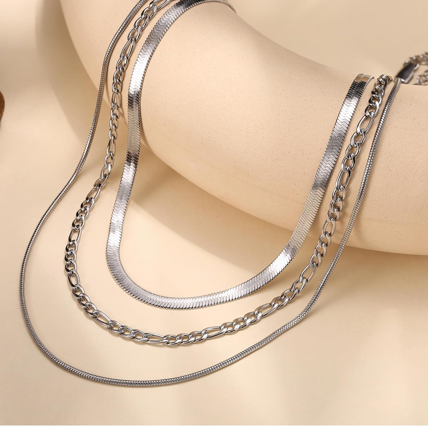 Adramata Women's Stainless Steel Snake Chain Figaro Stackable Necklace Set Gold/Silver 3 Pieces – Bild 3