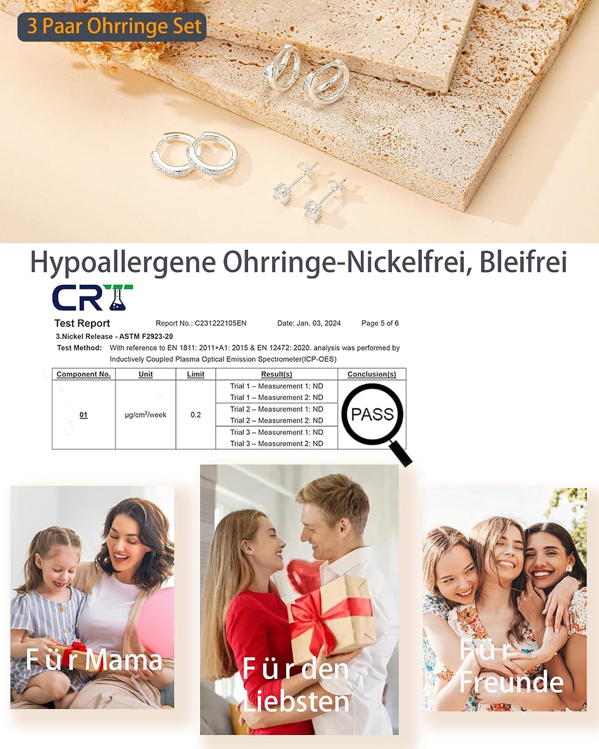 3 Paare Creolen Silber Set 14K Vergoldete Ohrringe für Damen – Bild 6