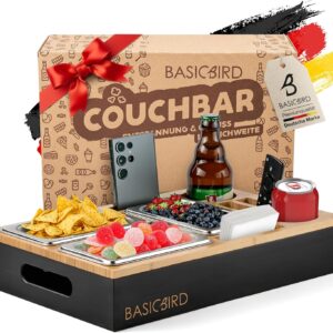 BASICBIRD® Couch Bar Snack Box - Organiser Tray - Snack Dispenser with 3 x Snack Bowls - Wooden Sofa Tray for Sofa, Decoration, Couch Bar with Drink Holder and Compartments - Motorhome Equipment
