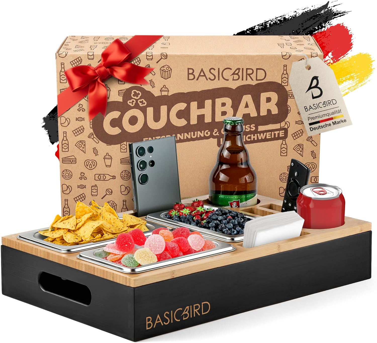 BASICBIRD® Couch Bar Snack Box - Organiser Tray - Snack Dispenser with 3 x Snack Bowls - Wooden Sofa Tray for Sofa, Decoration, Couch Bar with Drink Holder and Compartments - Motorhome Equipment