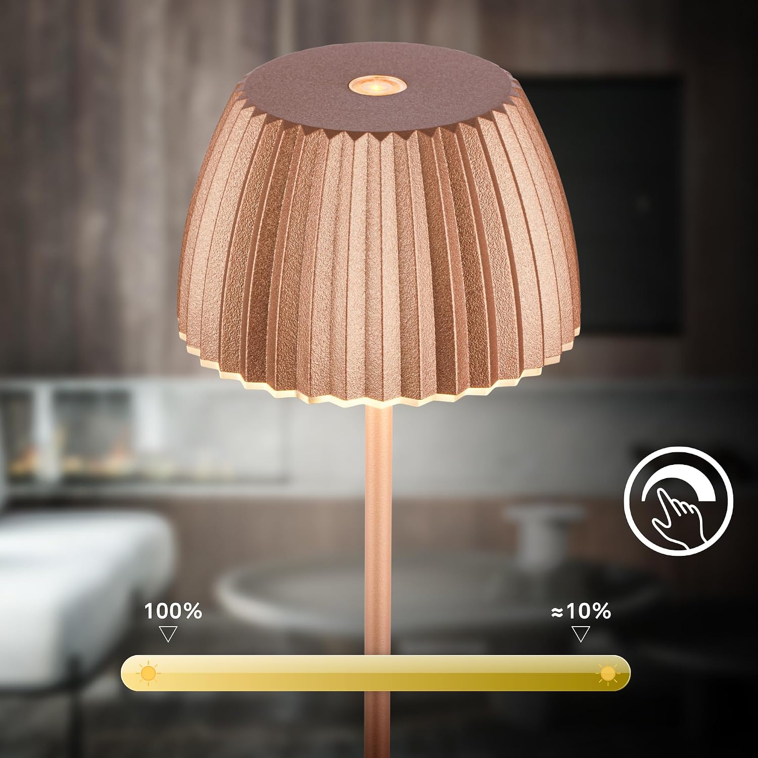 BRILONER Riffle Mini LED Table Lamp, Wireless, IP44, with Light Edge, Touch Dimmer, Replaceable Battery, Bedside Lamp, Battery-Operated, German Design Award Winner 2025, 8.5 x 20 cm, Copper-Coloured – Bild 9