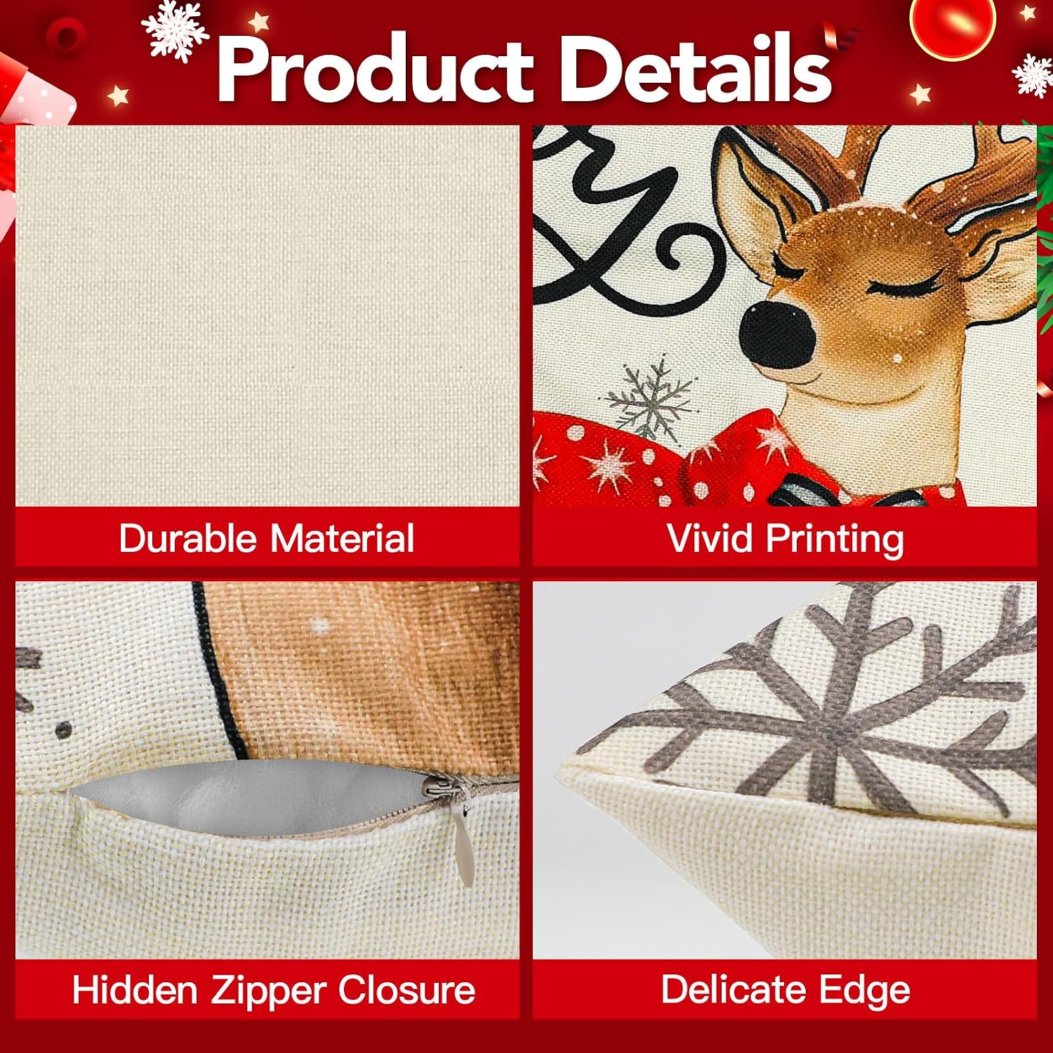 Christmas Cushion Cover, 45 x 45 cm, without Cushion Filling, Set of 4, Linen Look, Square Christmas Cushion Covers with Zip for Sofa, Living Room, Christmas Decorations (Red Stripes) – Bild 4