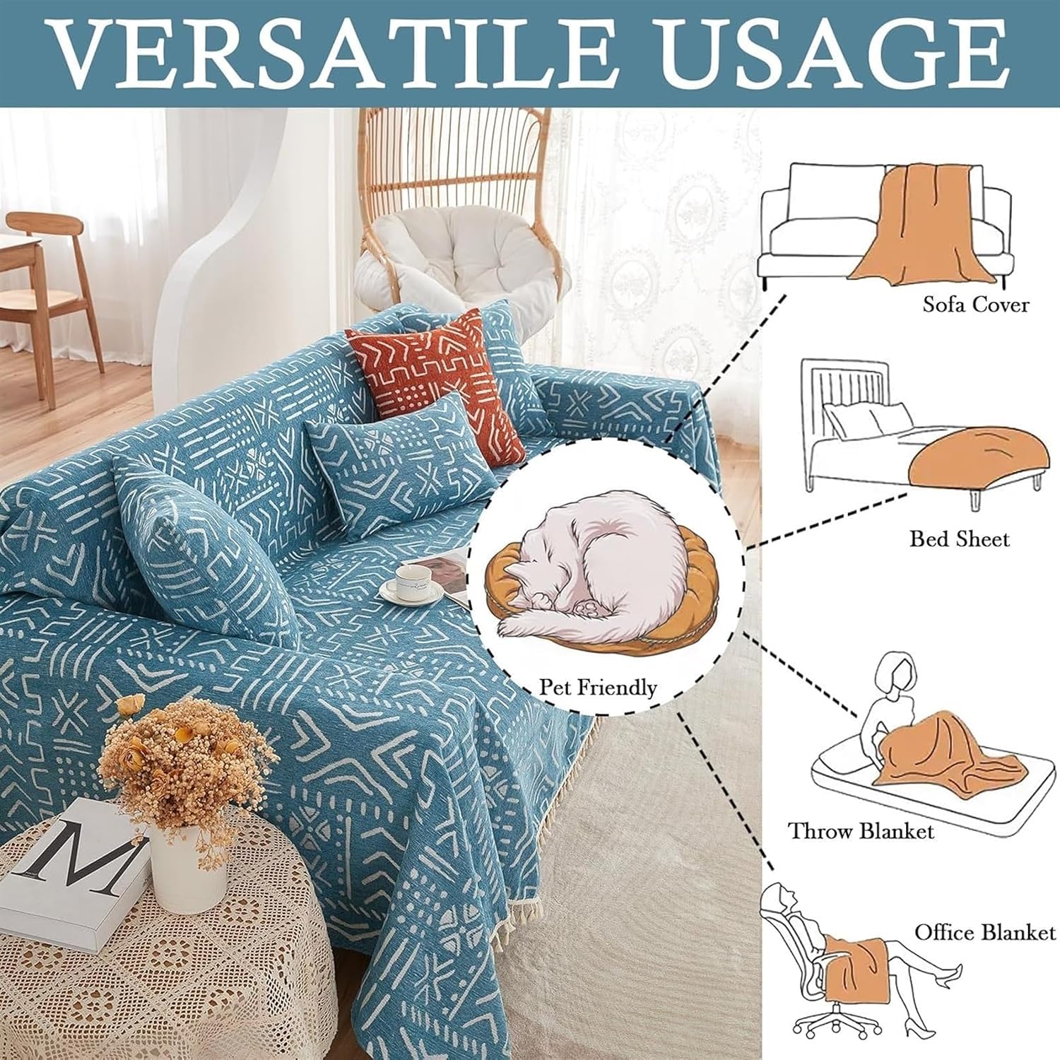 Couch Throw, Sofa Cover 1/2/3/4 Seater, Sofa Throw Blanket, Couch Throws, Sofa Cover, Sofa Throws, Sofa Cover, Throw, Sofa Blanket (Blue, 180 x 340 cm) – Bild 3