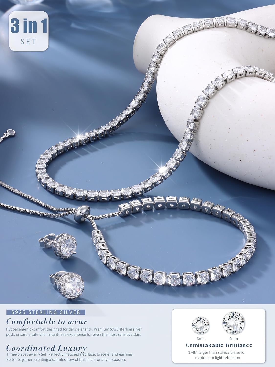 Diamday Jewellery Sets for Women Hypoallergenic Tennis Necklace Bracelet Earrings Set 925 Sterling Silver Stud Earrings Gifts for Wedding Bridesmaids Prom Costume Accessories – Bild 6