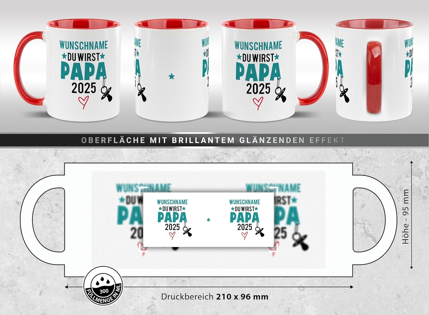 Tassendruck Baby-News Tasse mit Name & Jahr selbst gestalten - Du wirst Papa - Personalisiertes Geschenk zur Schwangerschaft für werdenden Vater - Keramiktasse, 300 ml, Innen & Henkel Rot – Bild 7