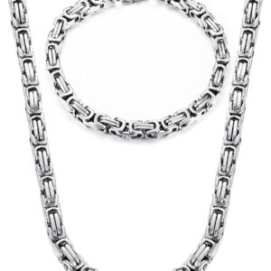 CASSIECA 2 Pieces Chains for Men Byzantine Chain Silver Men’s Stainless Steel Wide Necklace and Bracelet Set Thick Heavy Byzantine Chain Bracelet Punk Chain for Men 6/8 mm