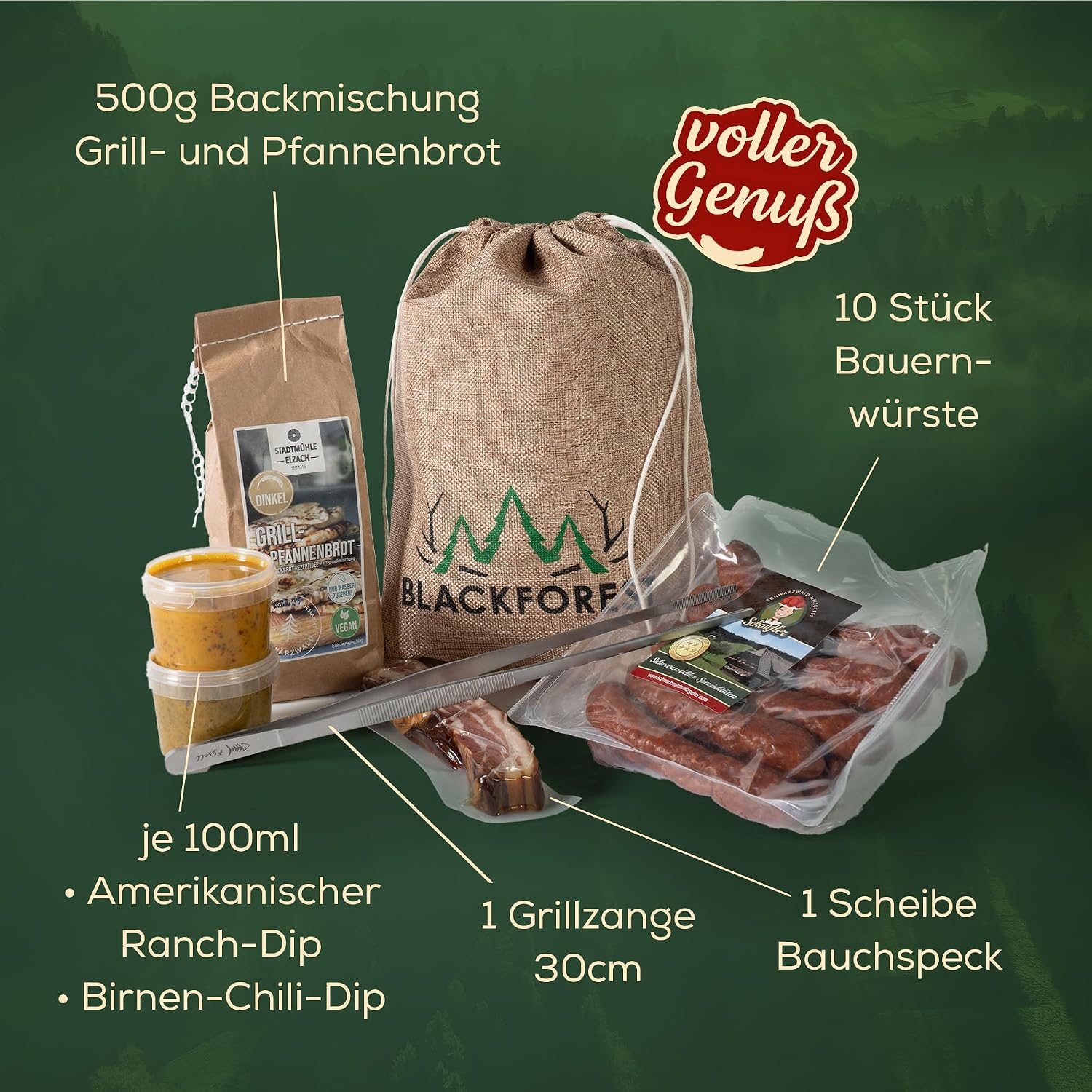 Grill Gift Set 7 Pieces in Jute Bag - Black Forest Specialities with Barbecue Tongs, Bacon, Farmer Sausages, Dips & Bread Baking Mix - Gift for Men & Grill Fans – Bild 3