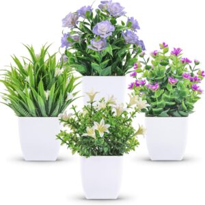 Der Rose 4 Packungen kleine Künstliche Pflanzen Mini künstliche Kunstpflanzen mit Blumen für Wohnzimmer, Badezimmer,küchen, Balkon, Zimmer Deko