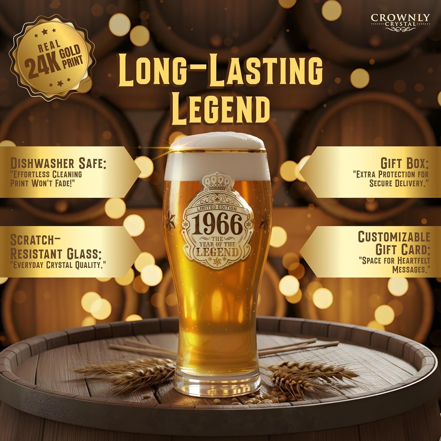 CROWNLY CRYSTAL® 1966 Beer Glass Engraved 570ml 60th Birthday Personalised Gift for Men 60 Years Dad Decoration Card Gift Idea – Bild 7