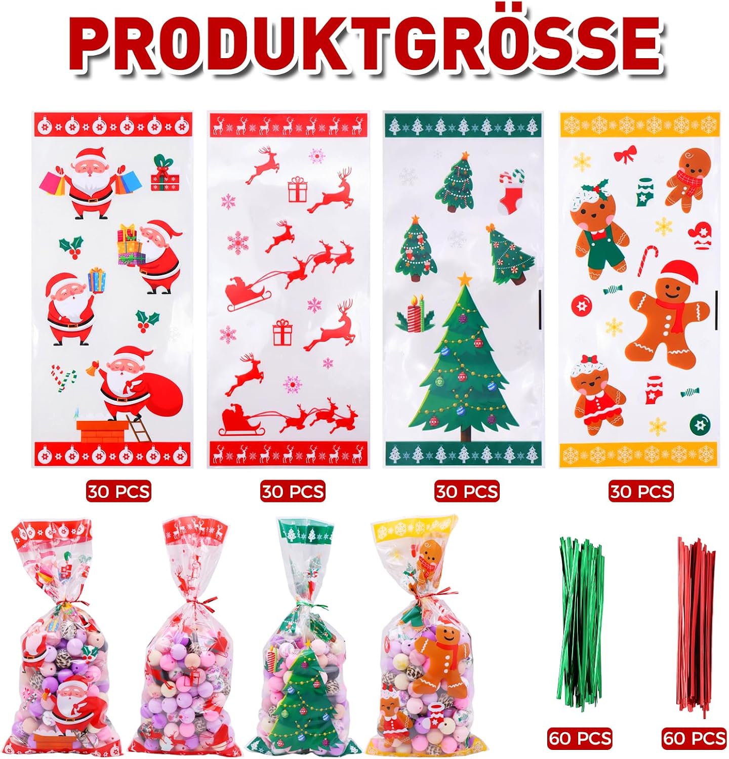 Pack of 120 Cellophane Bags, Christmas Candy Bags, Biscuits, Goody Bags with 120 Twist Ties, Bags for Filling, Cellophane Bags Small for Cookies, Biscuits, Chocolates (Yellow) – Bild 5