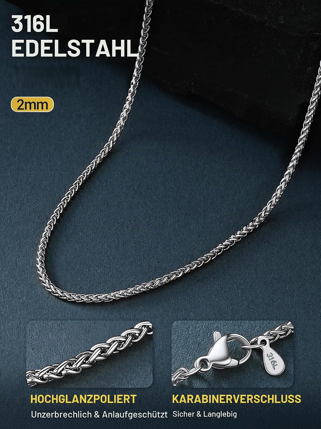 PROSTEEL Wheat Chain Men's Necklace Stainless Steel Chain Women's Link Chain Jewellery Men's Chain 46 to 76 cm Long Selectable 2/3/6/9 mm Wide in Silver/Black/Gold – Bild 6