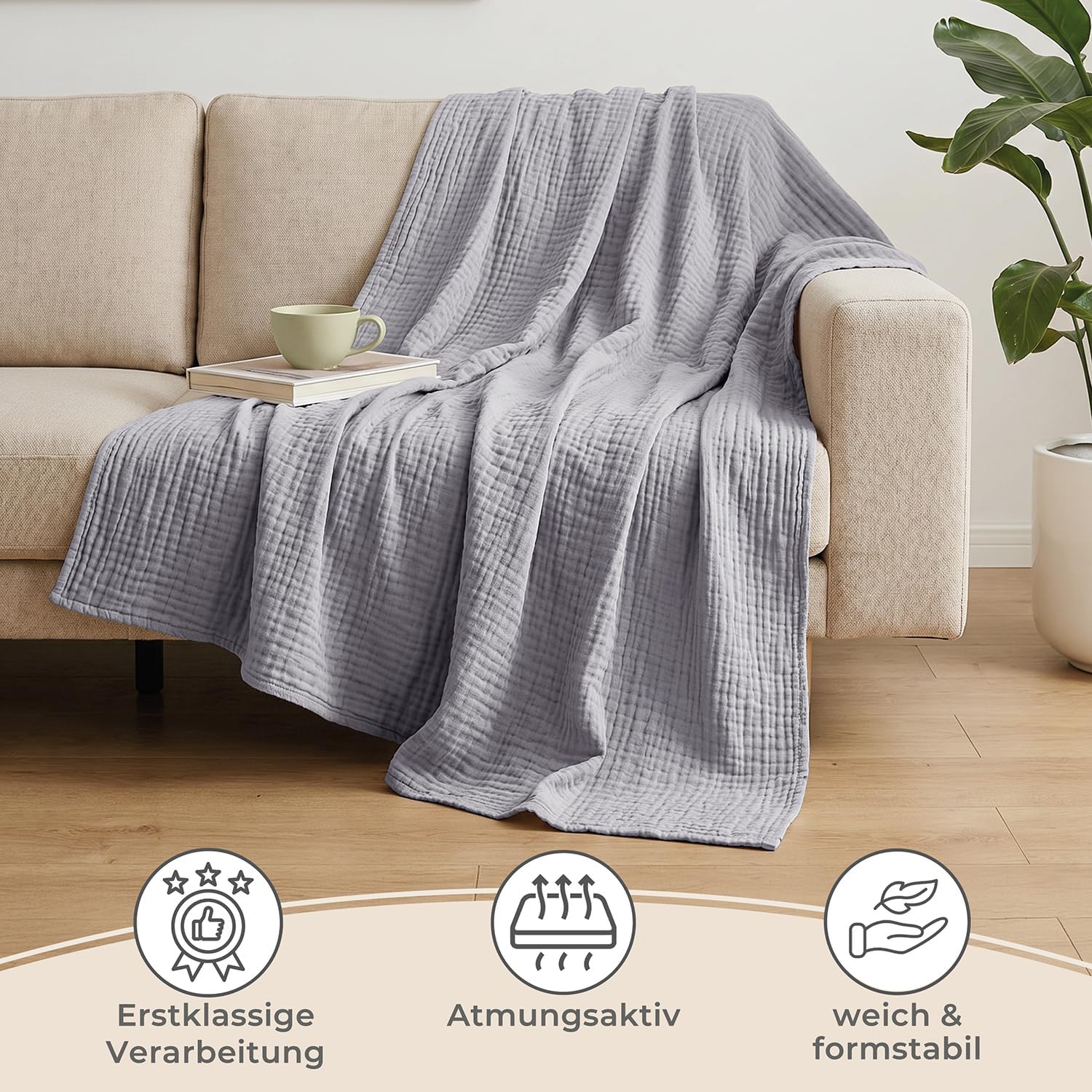 LAYNENBURG Premium Muslin Bedspread 150 x 200 cm - 100% Cotton - Extra Soft, Lightweight Summer Blanket as Cuddly Blanket, Bed Throw, Cotton Blanket, Couch Throw - Warm Sofa Blanket (Grey) – Bild 5