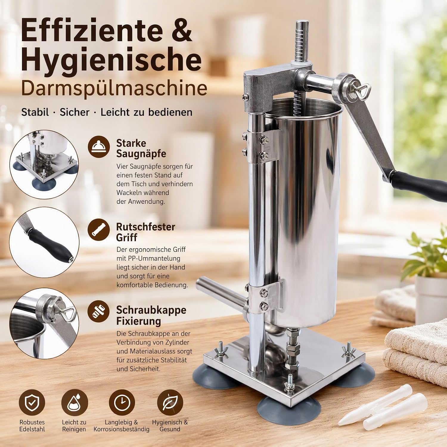 3L Sausage Stuffer Manual Sausage Machine, Stainless Steel Vertical Hand Crank Sausage Sausage Stuffer Machine with Stainless Steel Tubes Plastic Tubes Suction Cups for Kitchen Restaurants – Bild 7