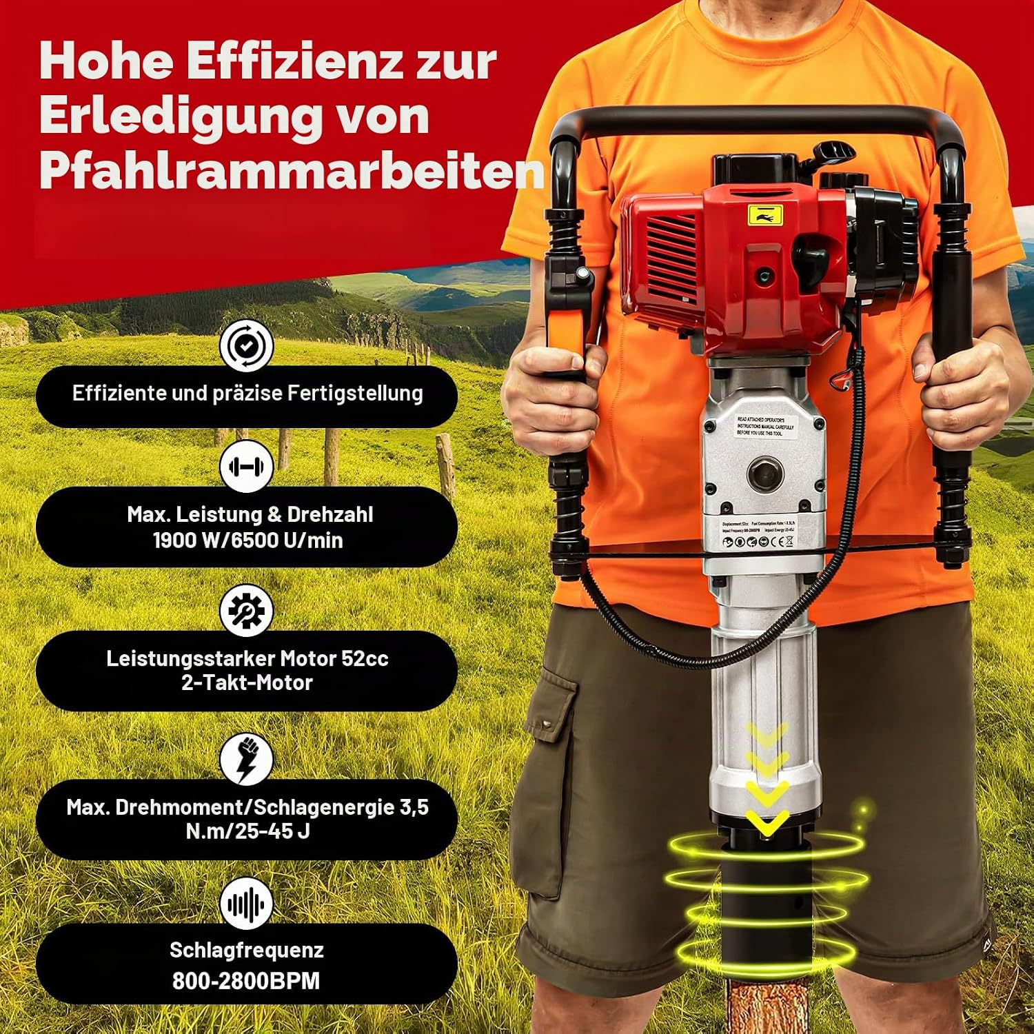 52CC 2-Stroke Petrol Stake Drive, 1900 W 45J Aluminium Portable Single Cylinder Professional Post Driver Hand Ram Fence Post Ram Earth Hole Drill with 55 mm 70 mm Sleeve for Fence Construction – Bild 5