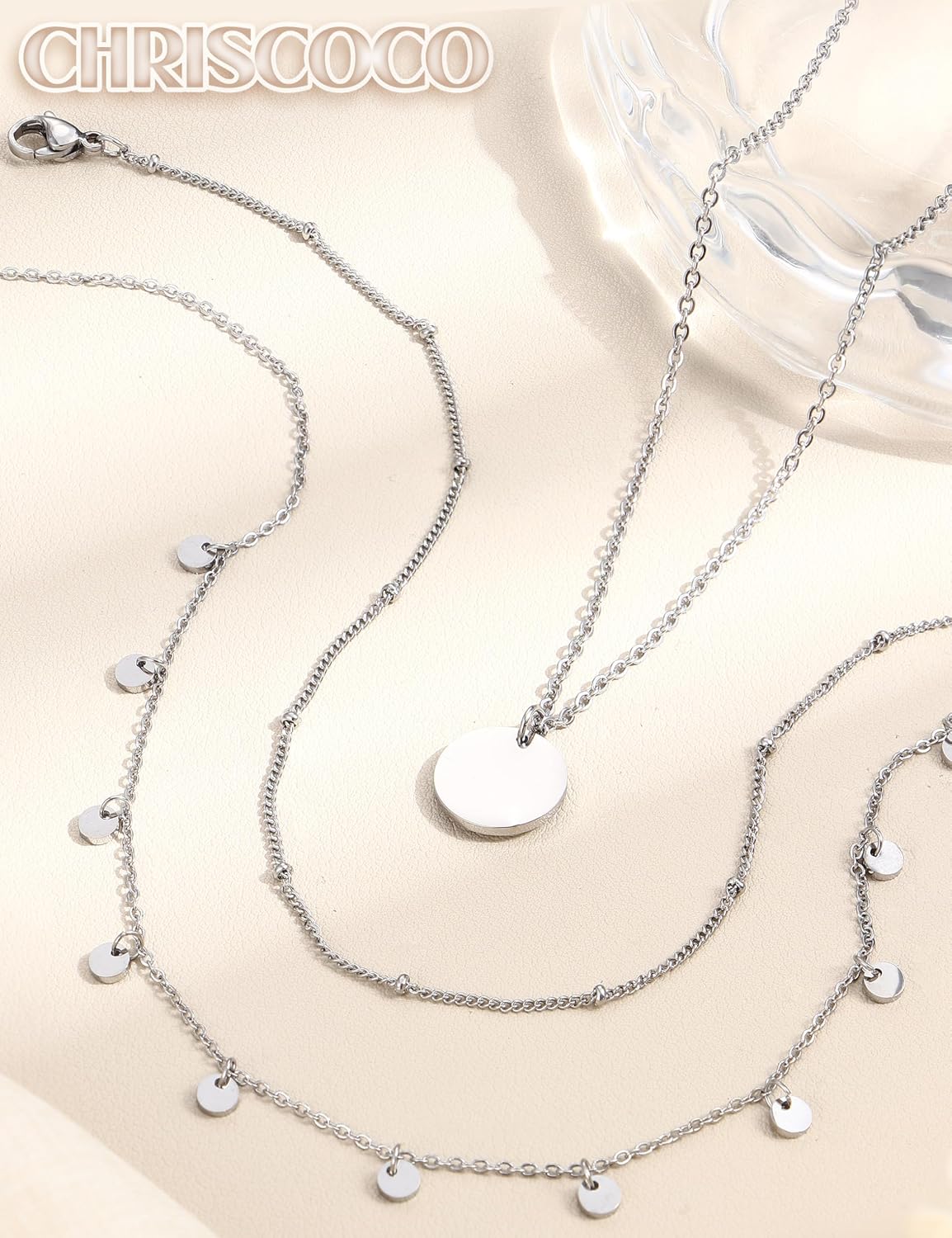 Chriscoco Women's Layering Necklace Gold / Silver 14 K Gold-Plated Stainless Steel Chain with Coin / Heart Pendant Waterproof Adjustable Gold Chain Silver Chain Pack of 3 – Bild 7