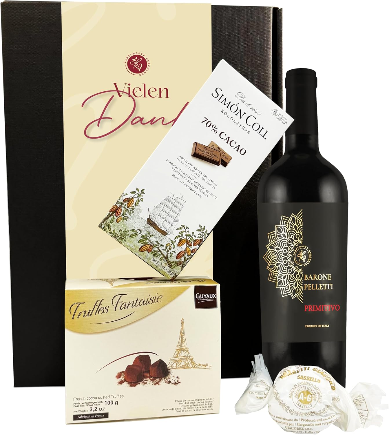 Thank you gift set, red wine with chocolate truffles and dark chocolate, wine gift for connoisseurs, gift basket for men and women, birthday, Christmas, anniversary, with "Thank you" banderole