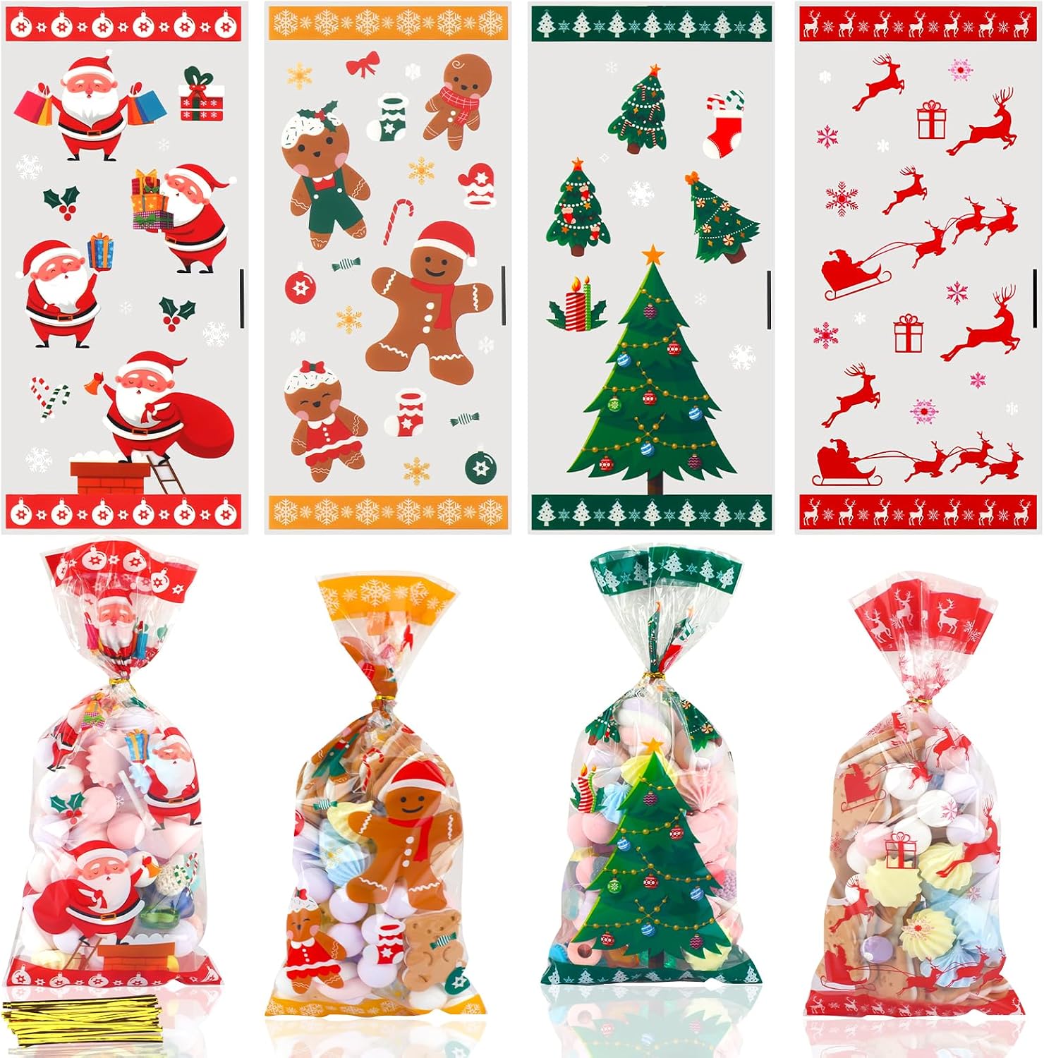 Pack of 120 Cellophane Bags, Christmas Candy Bags, Biscuits, Goody Bags with 120 Twist Ties, Bags for Filling, Cellophane Bags Small for Cookies, Biscuits, Chocolates (Yellow)