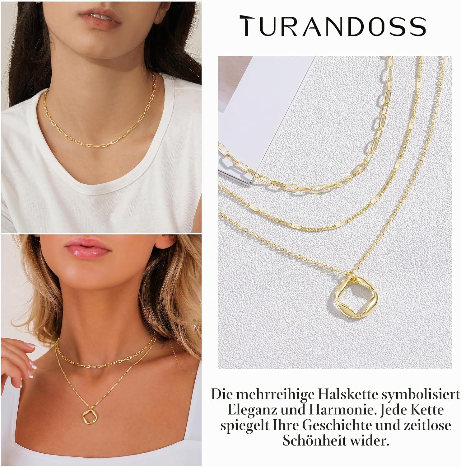 Turandoss Women's Gold Chain, 14 K Gold-Plated Layering Necklace, Women's Chain with Coin Beads Pendant, Snake Chain, Figaro Stackable Necklace Set, Birthday Gift for Girls, Women, Pack of 3 – Bild 5