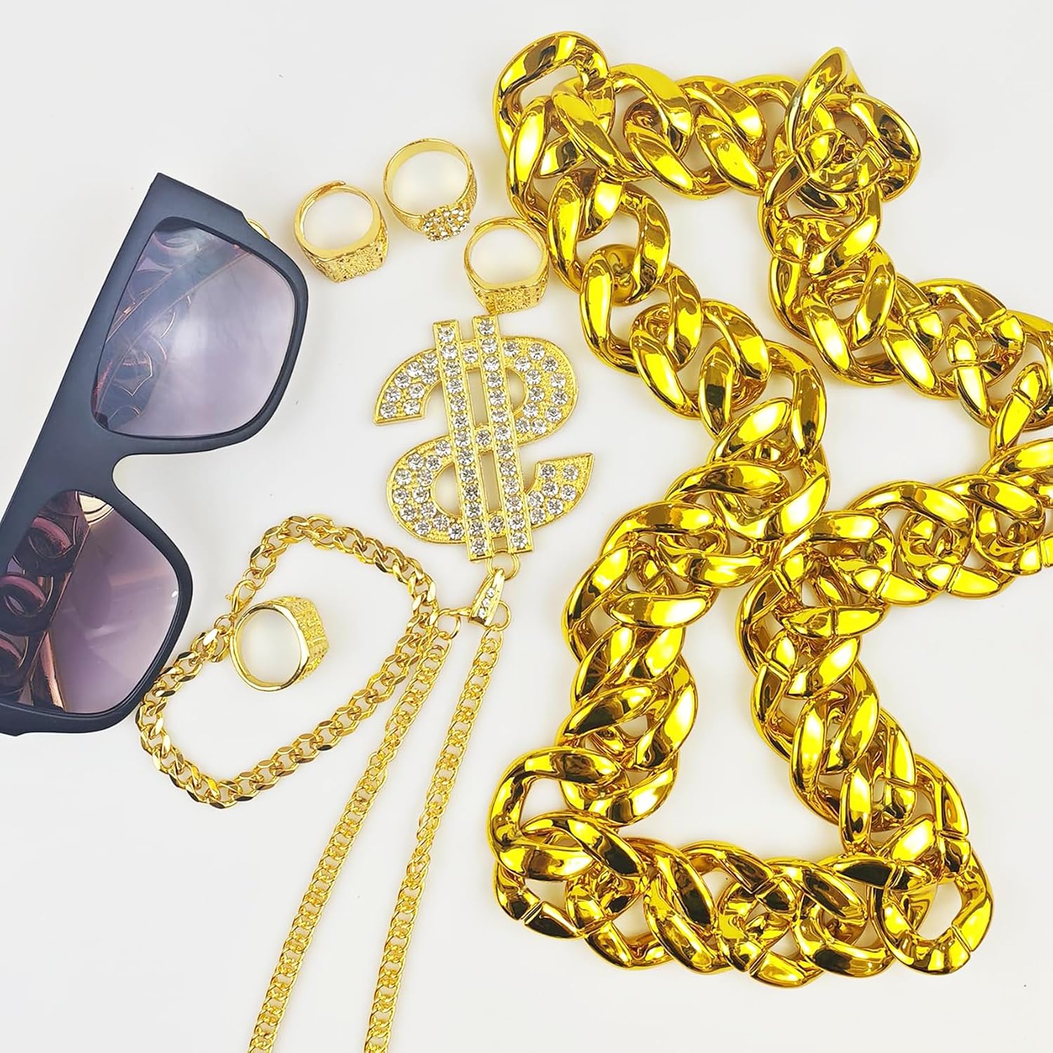 Yolistar Pack of 9 Costume Gold Chain Fancy Dress 80s 90s Outfit Men's Hip Hop Rapper Costume Gold Chain Men's Sunglasses Hanzi Dollar Ring Chain Ring for Carnival Fancy Dress Theme Party – Bild 3