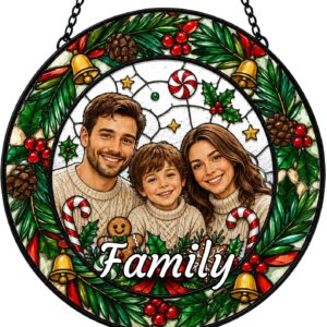 Personalised Christmas Stained Glass Window Picture with Photo and Name, Individual Window Hanger with Family Portrait, Gift for Mum, Dad, Couples, Grandparents and Friends