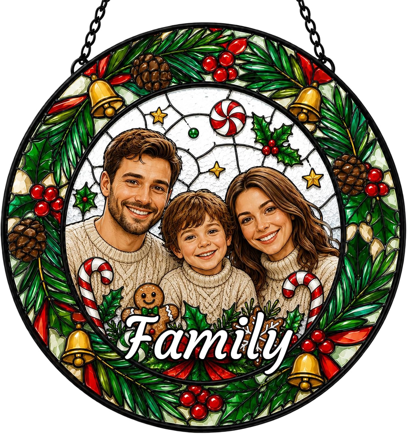 Personalised Christmas Stained Glass Window Picture with Photo and Name, Individual Window Hanger with Family Portrait, Gift for Mum, Dad, Couples, Grandparents and Friends